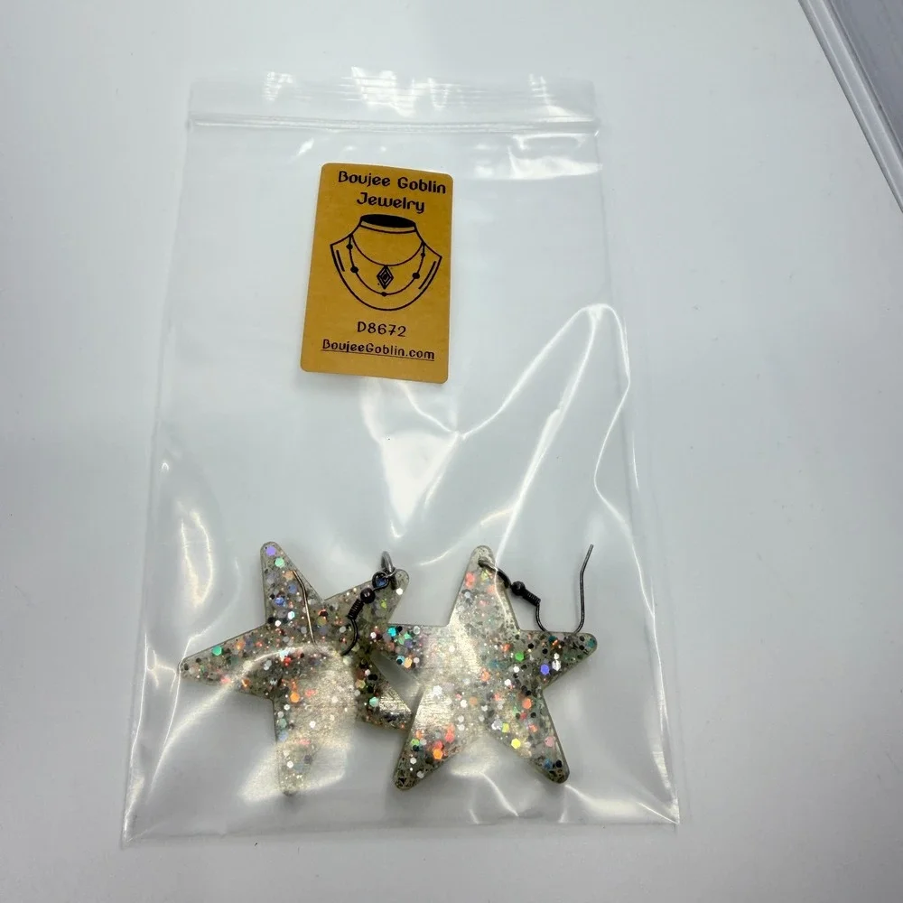 Vintage Y2K Chunky Resin Star Glitter Earrings Silver Tone Dangle Celestial Hook
